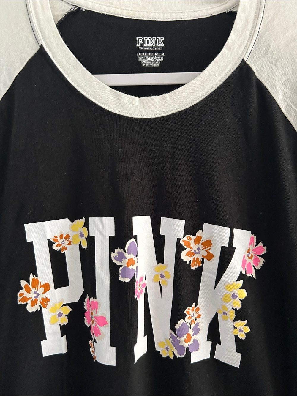 PINK Victoria's Secret Black & White Raglan Tee with Floral Logo - Picture 2 of 3